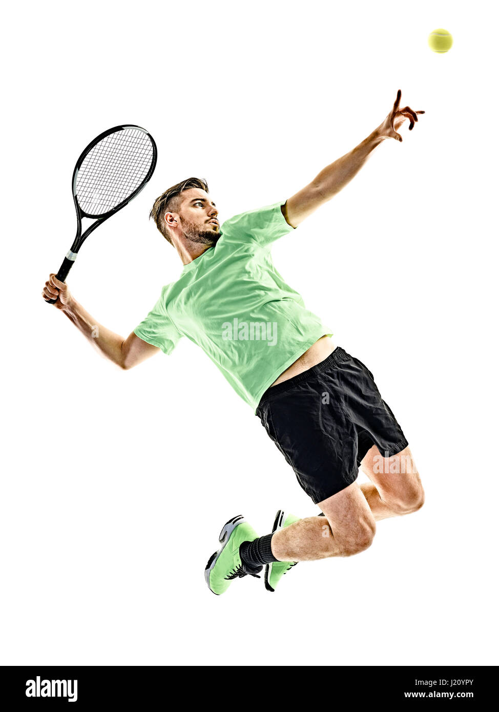 Un caucasian man playing tennis player isolé sur fond blanc Banque D'Images