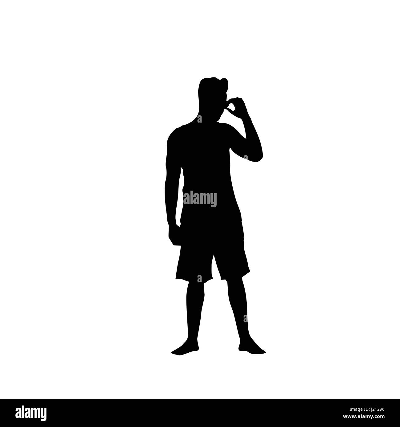 L'homme silhouette noire parler au Cell Smart Phone Call Standing Full Length Over White Background Illustration de Vecteur