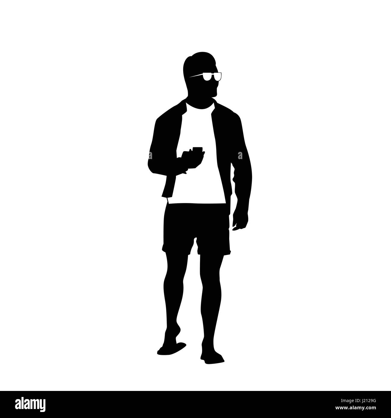 L'homme silhouette noire Utiliser Cell Smart Phone pleine longueur permanent sur fond blanc Illustration de Vecteur