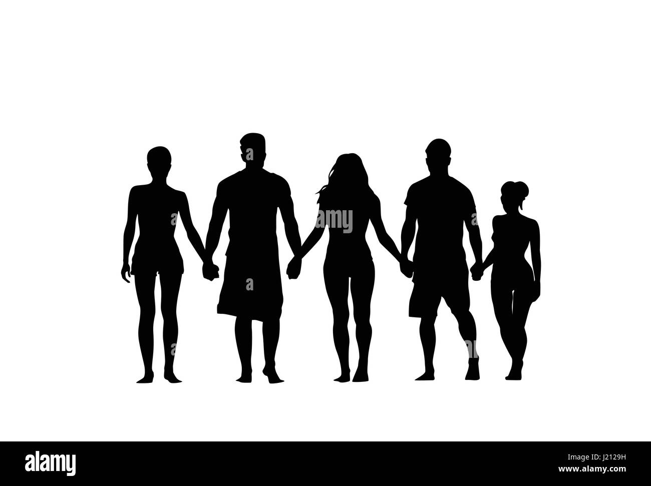 Silhouette Stand du groupe de personnes se tenant par la main l'homme et la femme pleine longueur sur fond blanc Illustration de Vecteur