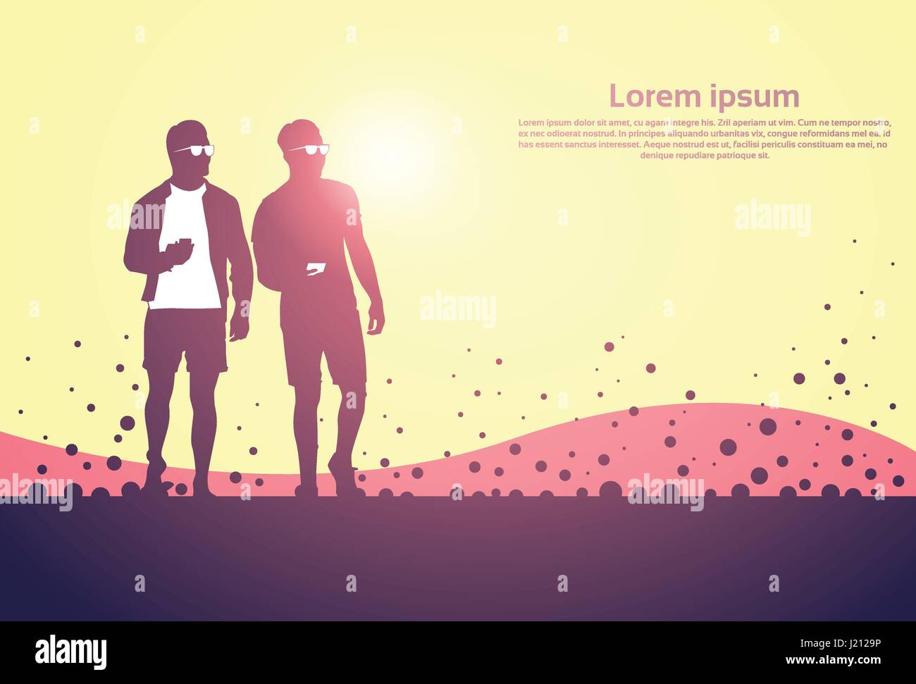 Deux hommes Silhouette Utiliser Cell Smart Phone debout sur Résumé fond Coucher de soleil Illustration de Vecteur