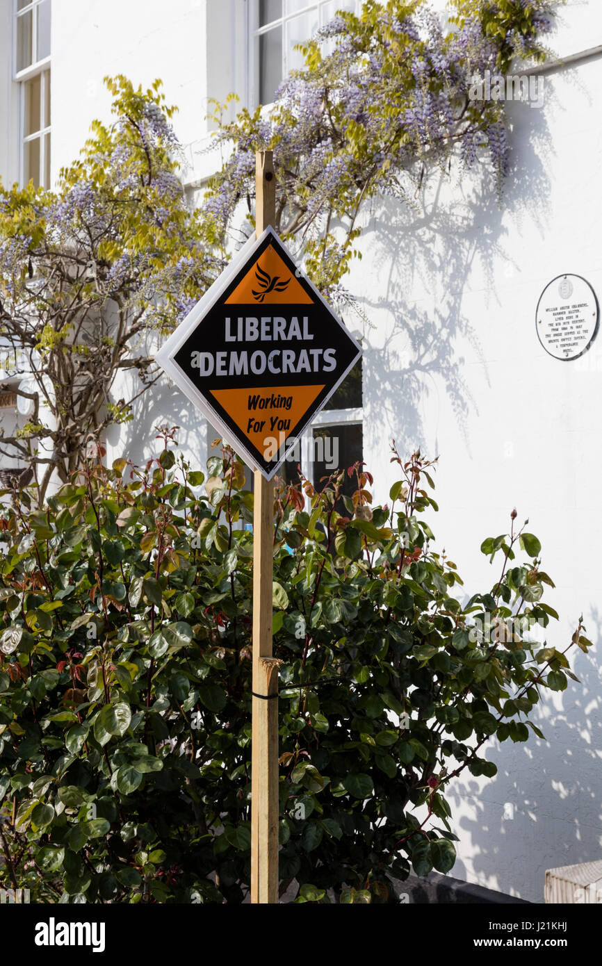 Faversham, Kent, UK, 23 avril 2017. L'élection du conseil et du Parlement britannique. Affiches de publicité libérale démocrate apparaissent dans le milieu et de Faversham Kent Circonscription parlementaire normalement, un coffre-fort conservateur siège cinq jours seulement après que le premier ministre, Theresa May, anounces a snap Gerneral élection le 8 juin prochain. Crédit : Richard Donovan/Live Alamy News Banque D'Images