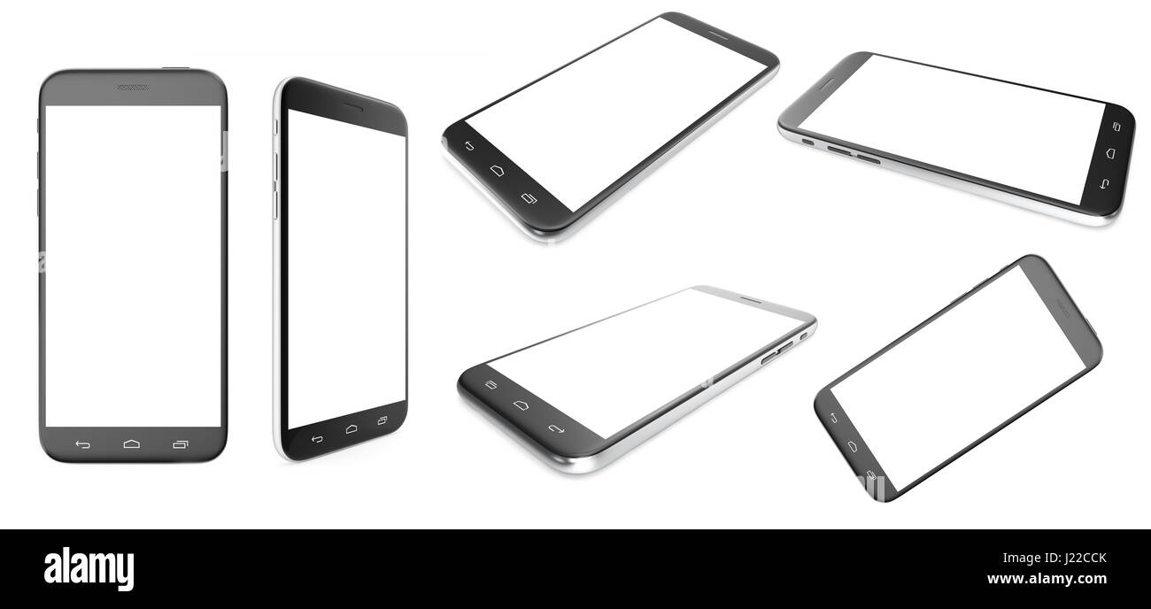 Ensemble de smartphone noir avec un écran blanc isolé sur fond blanc. 3d illustration Banque D'Images
