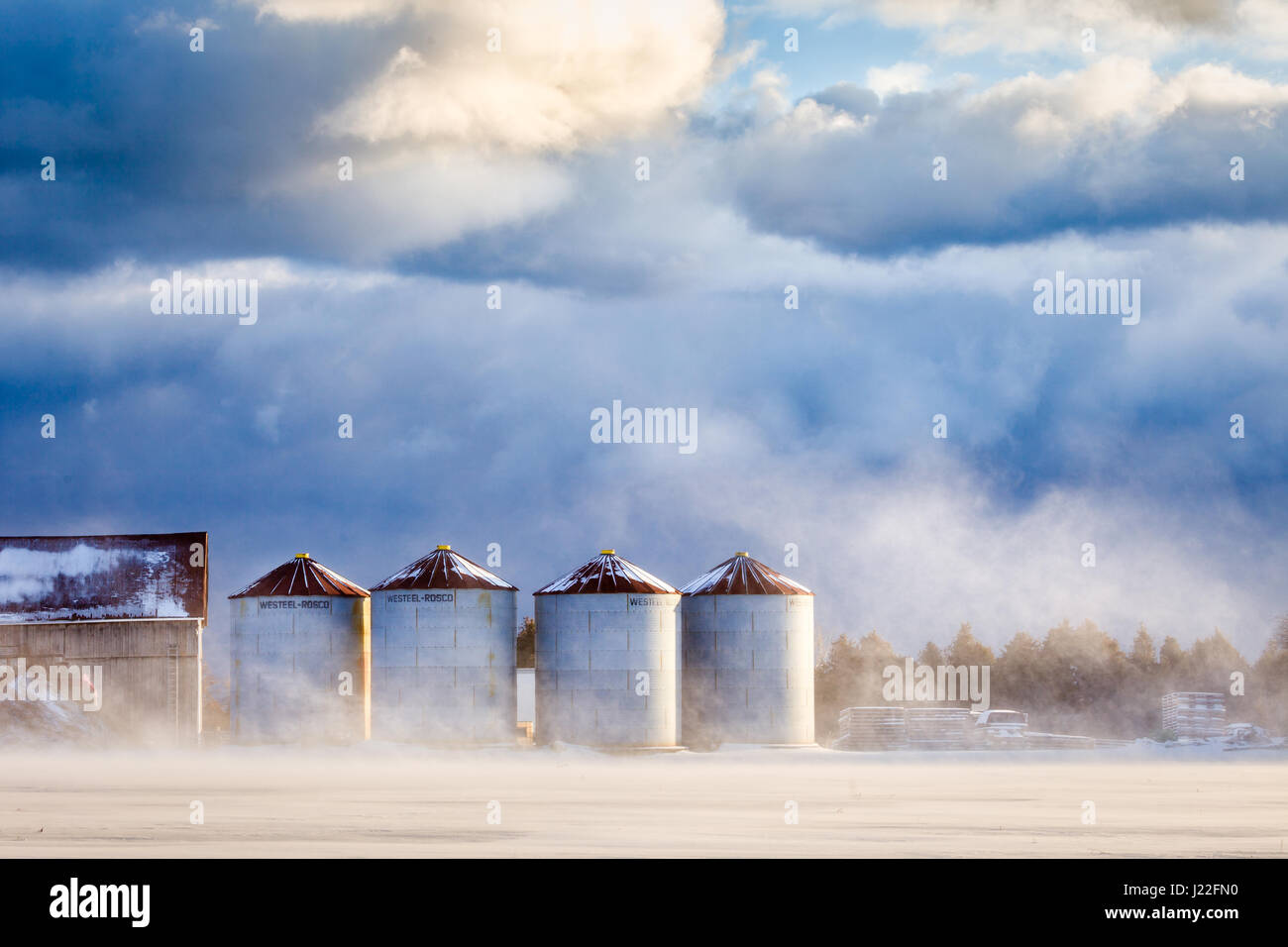 Silos dans une ferme de l'Ontario par une froide journée d'hiver venteux. Banque D'Images