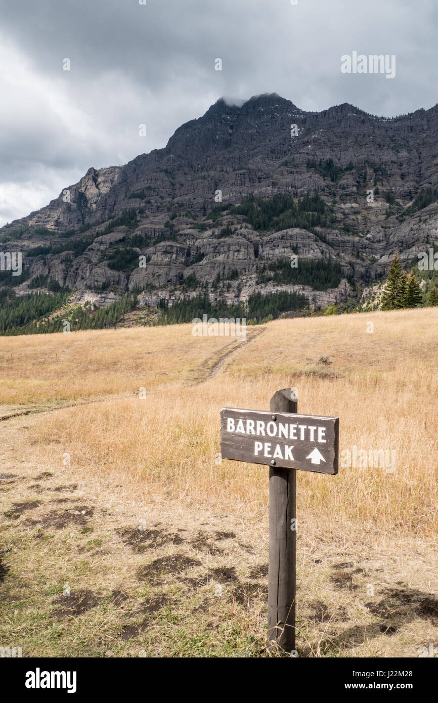 Barronette avec pointe trail sign in Lamar Valley dans le Parc National de Yellowstone, Wyoming, USA. Barronette pic est l'une des principales montagnes de la Banque D'Images
