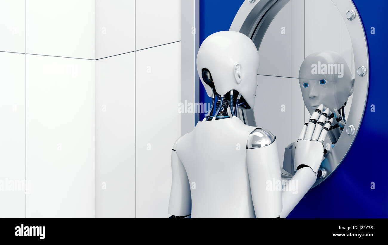À la recherche du robot à l'image miroir à travers la porte de sécurité, 3D Rendering Banque D'Images