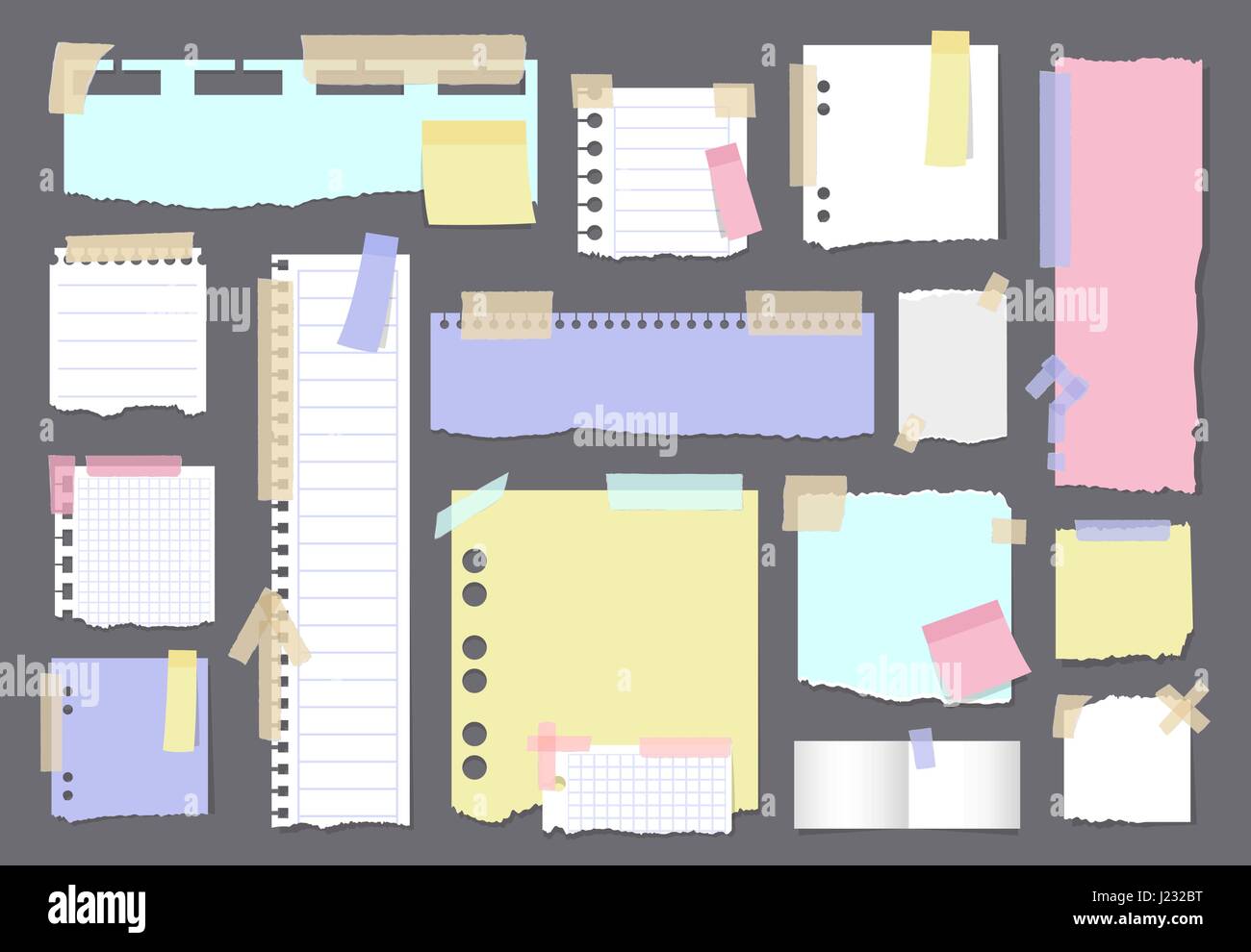 Bandeaux de papier avec des notes attachées ensemble avec du ruban couleur sur fond gris réalistes isolées vector illustration Illustration de Vecteur