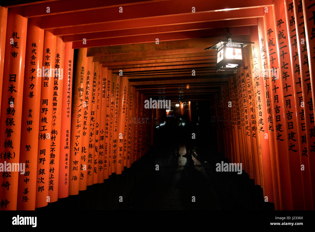 Vue de nuit à tunnel de torii gates au Sanctuaire Fushimi Inari à Kyoto, Japon Banque D'Images