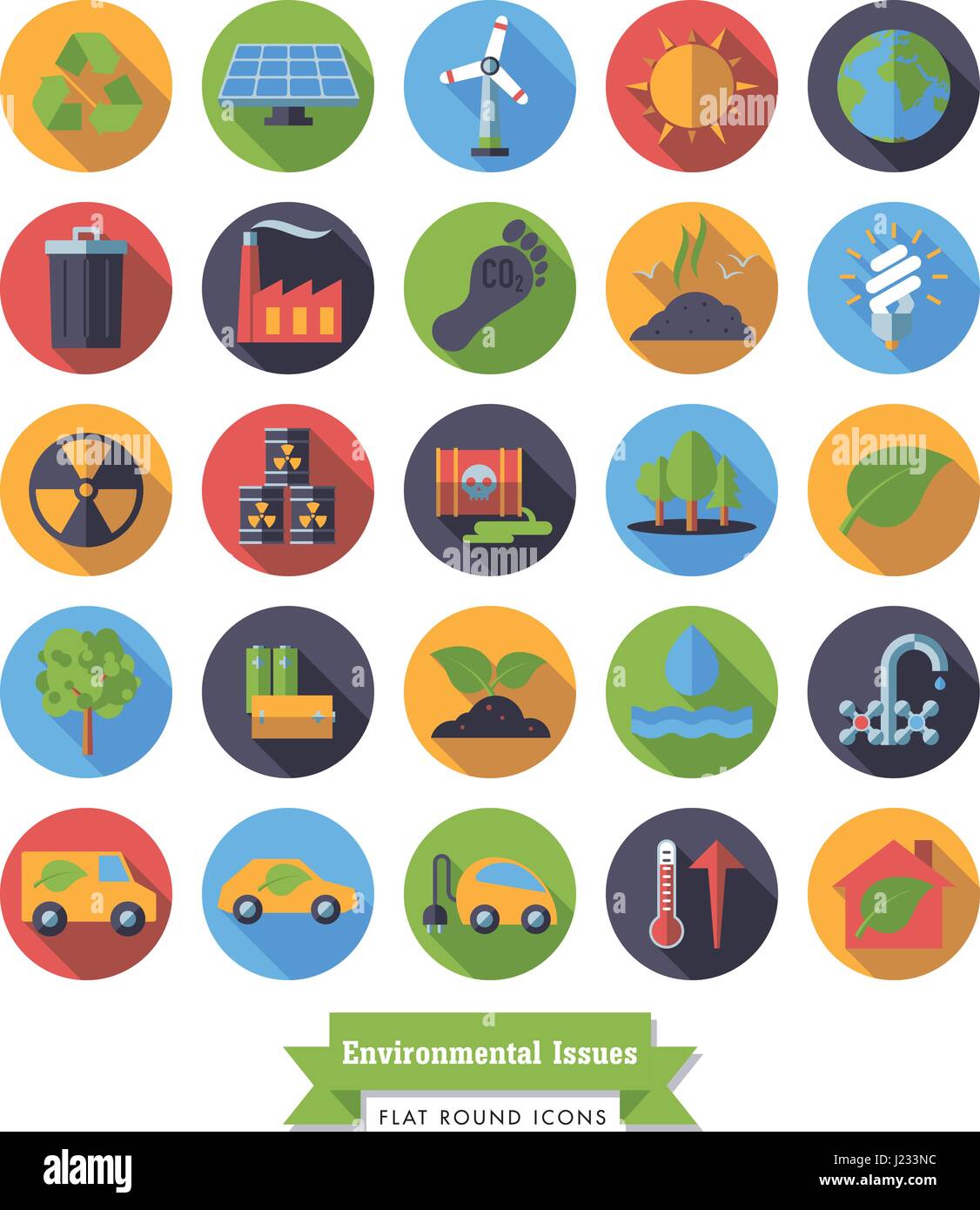 Collection de l'environnement et des changements de conception connexes rond plat long shadow vector icons Illustration de Vecteur