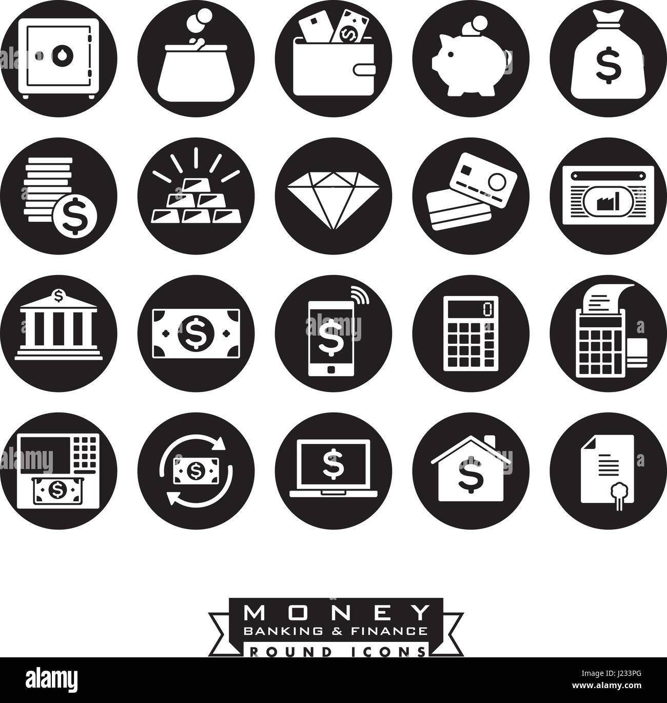 Collection de 20 l'argent, les banques et la finance, les icônes négatif en cercles noirs Illustration de Vecteur