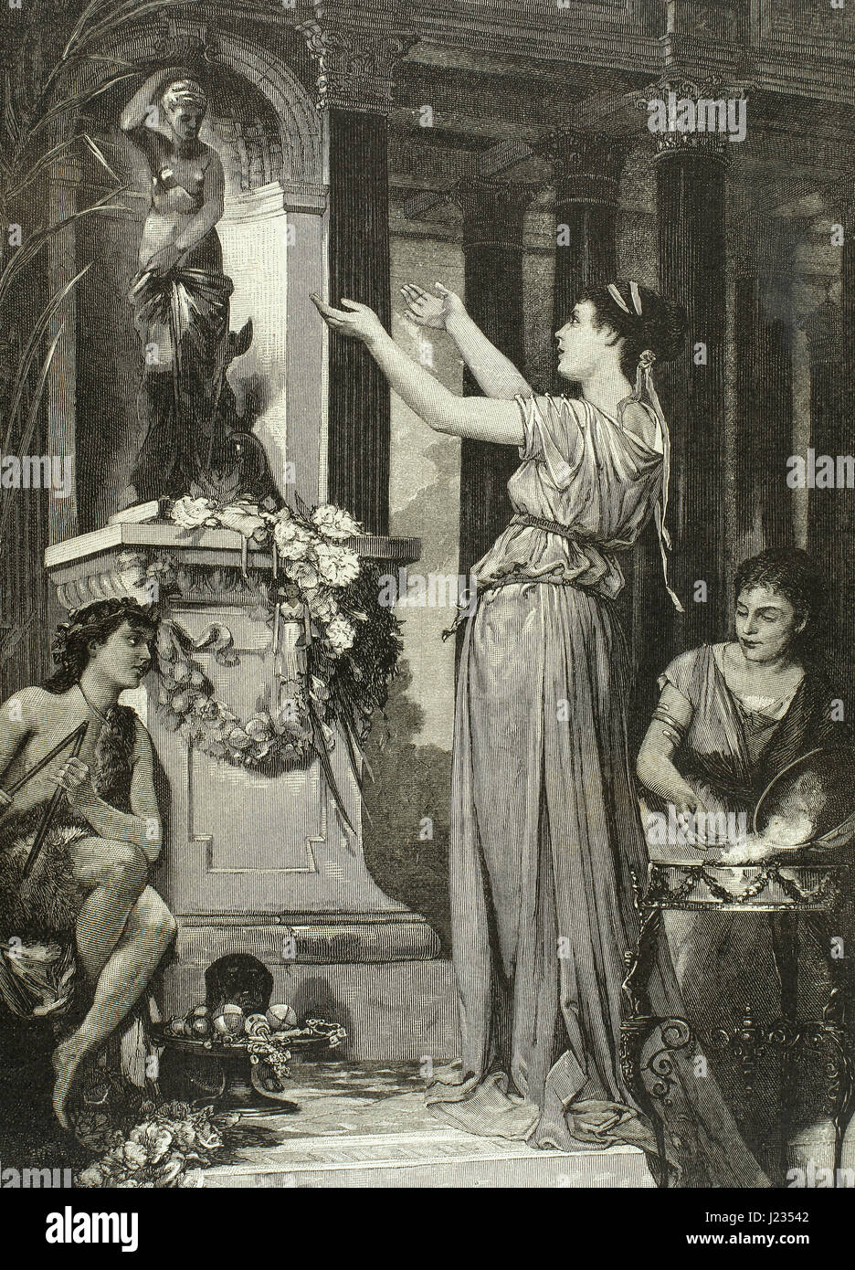 L'Empire romain. Mariée fait une offrande aux dieux. La gravure. - 'El Mundo', 1880. Banque D'Images