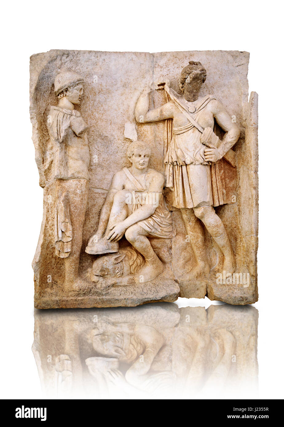 Temple romain relief frise de Meleager se trouve sur un rocher attachant sa sandale. Aphrodisias Aphrodisias, musée, Turquie. Au-dessous de lui se trouve un féroce hu Banque D'Images