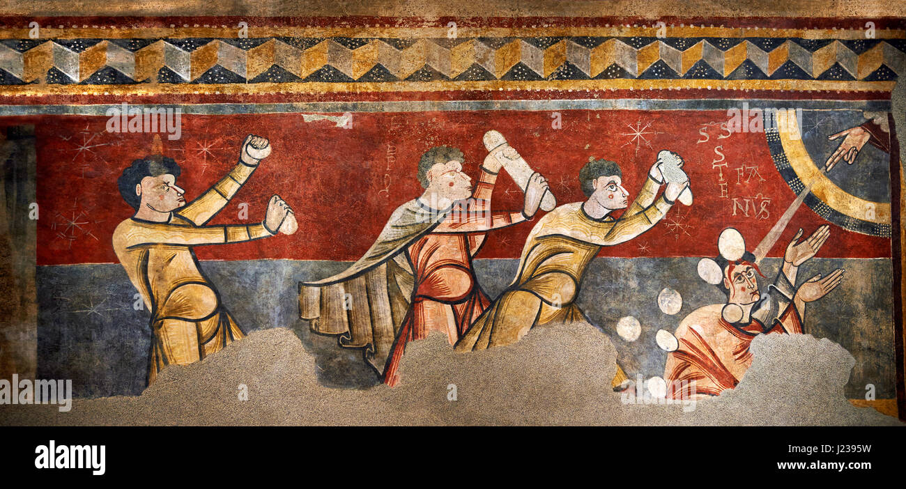 La lapidation de saint StephenCirca 1100 Fresco Transfert à toile de l'église de Saint Joan Boi, Val de Boi, Ribagorca Pyranese, haute, de l'Espagne. Acquir Banque D'Images