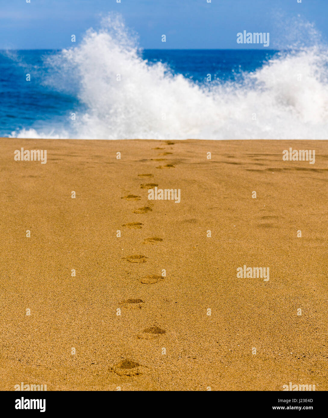 Des traces de pas dans le sable d'une plage menant vers la mer avec des vagues Banque D'Images