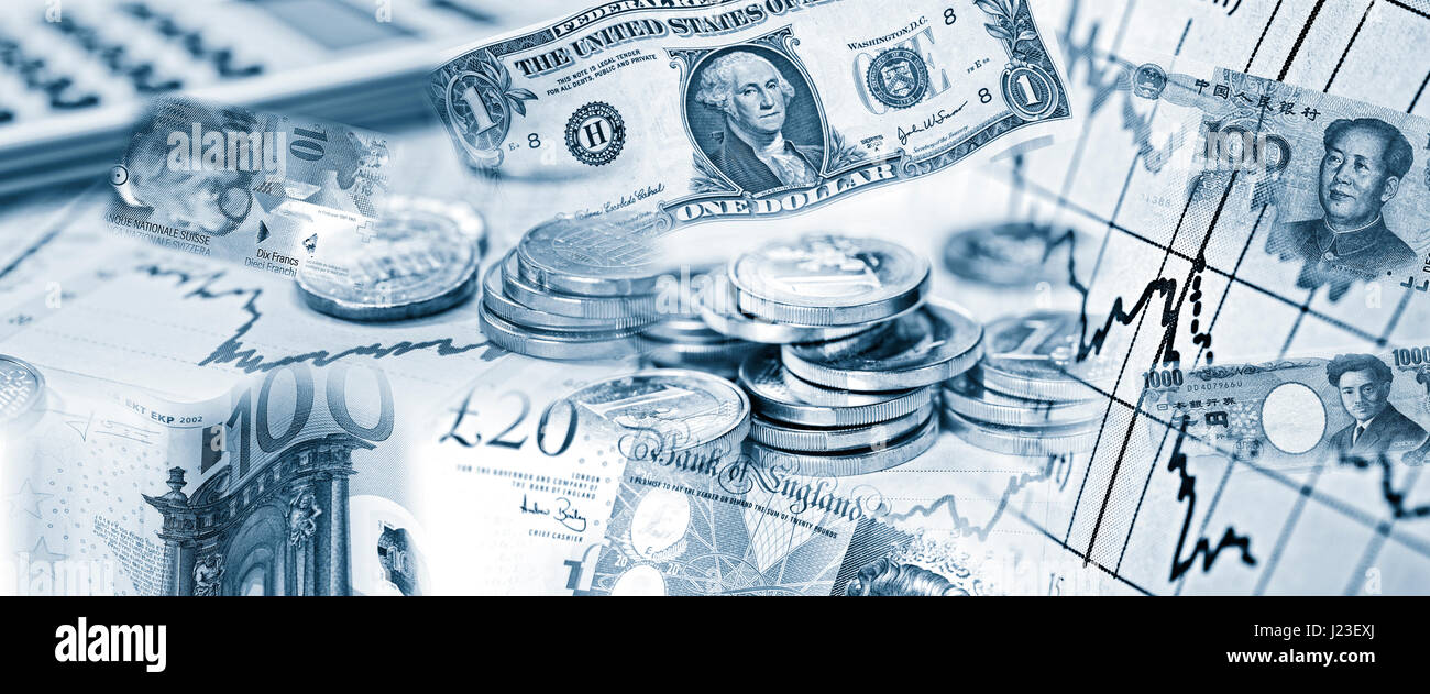 Taux de change des diverses monnaies et billets avec calculatrice Banque D'Images