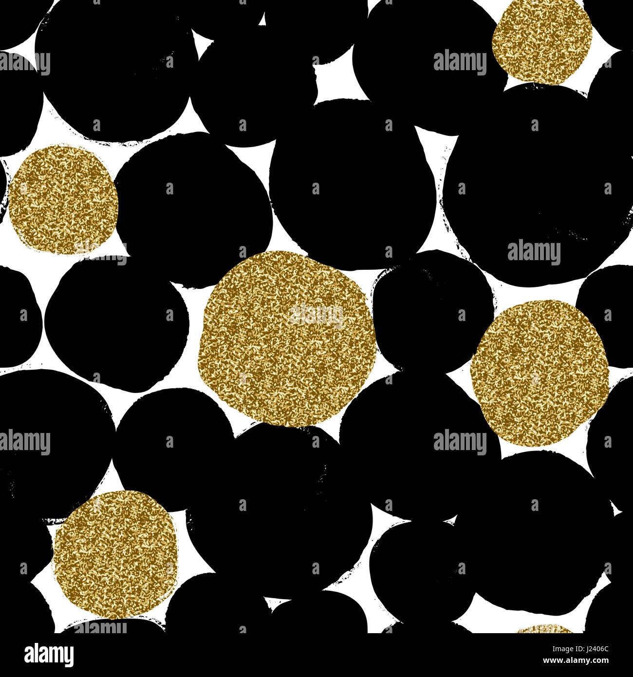 Schéma de répétition sans couture à la main avec des formes rondes en or scintillant et noir sur fond blanc. Textile moderne et original, papier d'emballage, wall Illustration de Vecteur