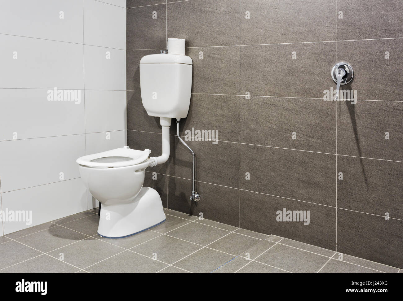 Siège de toilette en porcelaine blanche dans une salle de bains moderne pour les personnes à mobilité réduite donnant plus d'espace et d'accès. Banque D'Images
