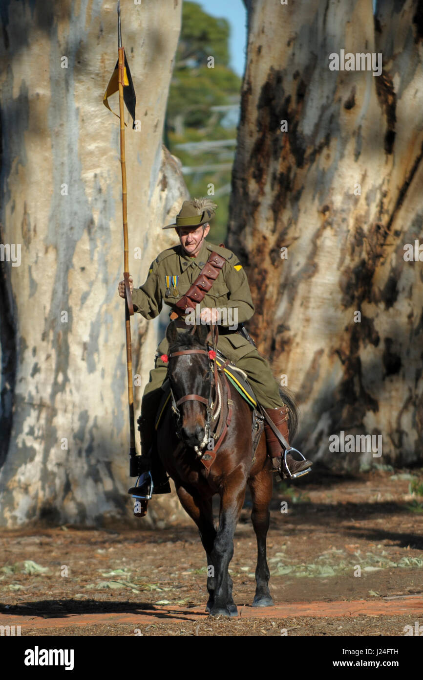 Guildford, Perth, Australie-Occidentale, Australie. 25 avril, 2017. Un  cavalier vêtu de l'uniforme de l'armée australienne WW1 un cheval équipé  dans la livrée du célèbre 10e régiment de chevau-légers au cours de l'ANZAC