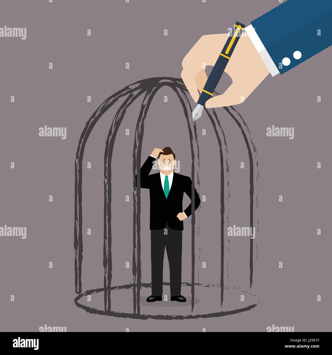 Businessman standing in a Cage dessiné à la main. Concept d'affaires Illustration de Vecteur
