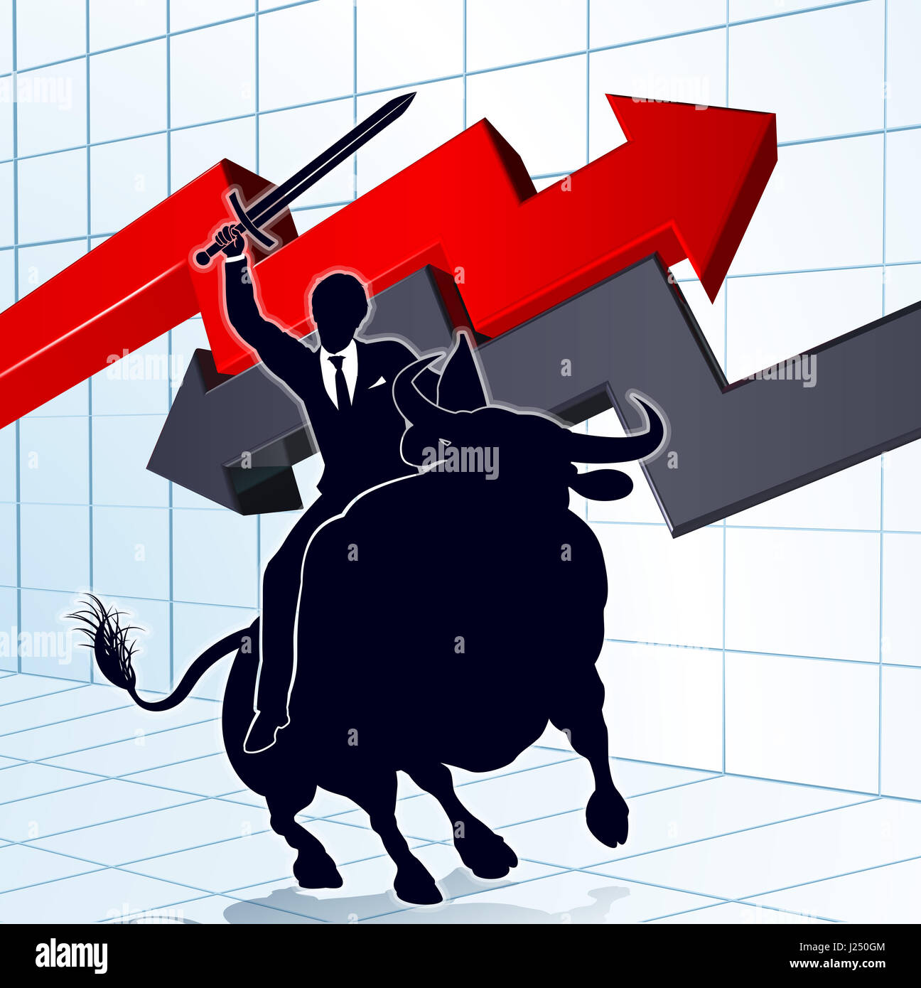 Stock Market concept d'un homme d'affaires un taureau cheval tenant une épée et un bouclier Banque D'Images