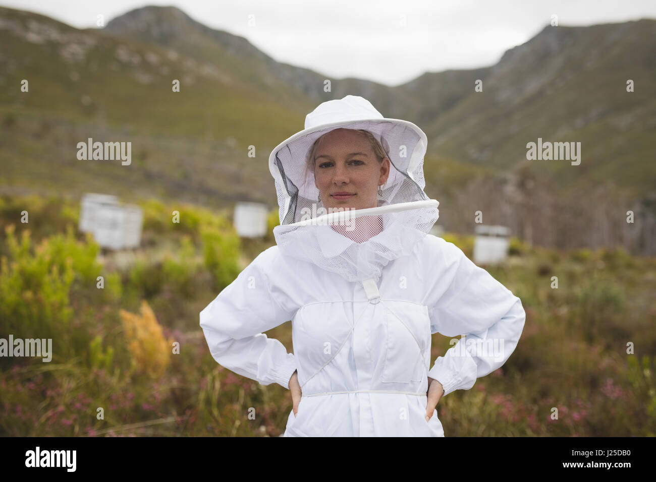 Portrait of female wearing costume abeille apiculteur rucher à Banque D'Images