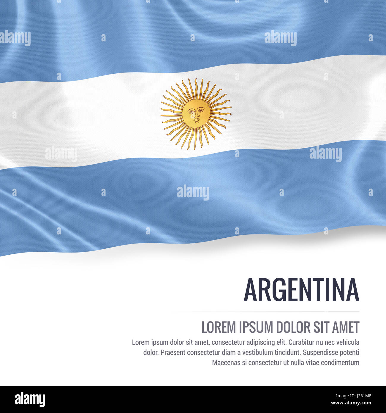 Drapeau de l'Argentine. Drapeau de l'Argentine soyeux forme sur un fond blanc avec le texte en blanc pour votre message publicitaire. Le rendu 3D. Banque D'Images