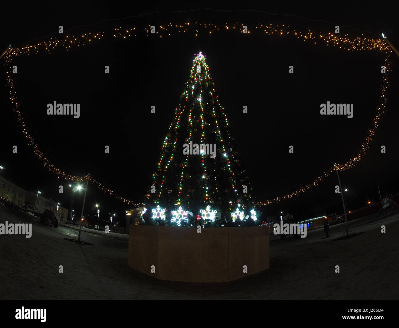 Arbre de Noël dans la ville la nuit Banque D'Images