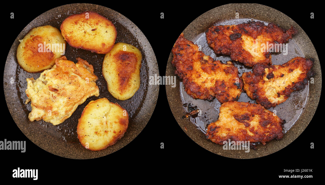 Concept de cuisine bon marché noir et d'aliments malsains. Sur les poêles à frire d'huile sale le overroasted morceaux de porc, poulet et pommes de mensonge. Isolé sur blac Banque D'Images