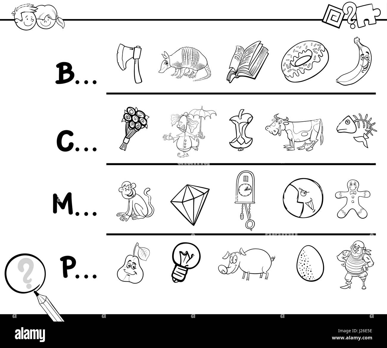 Cartoon Illustration de la recherche de photo dont le nom commence avec la lettre visée Activité éducative pour les enfants Coloriages Illustration de Vecteur