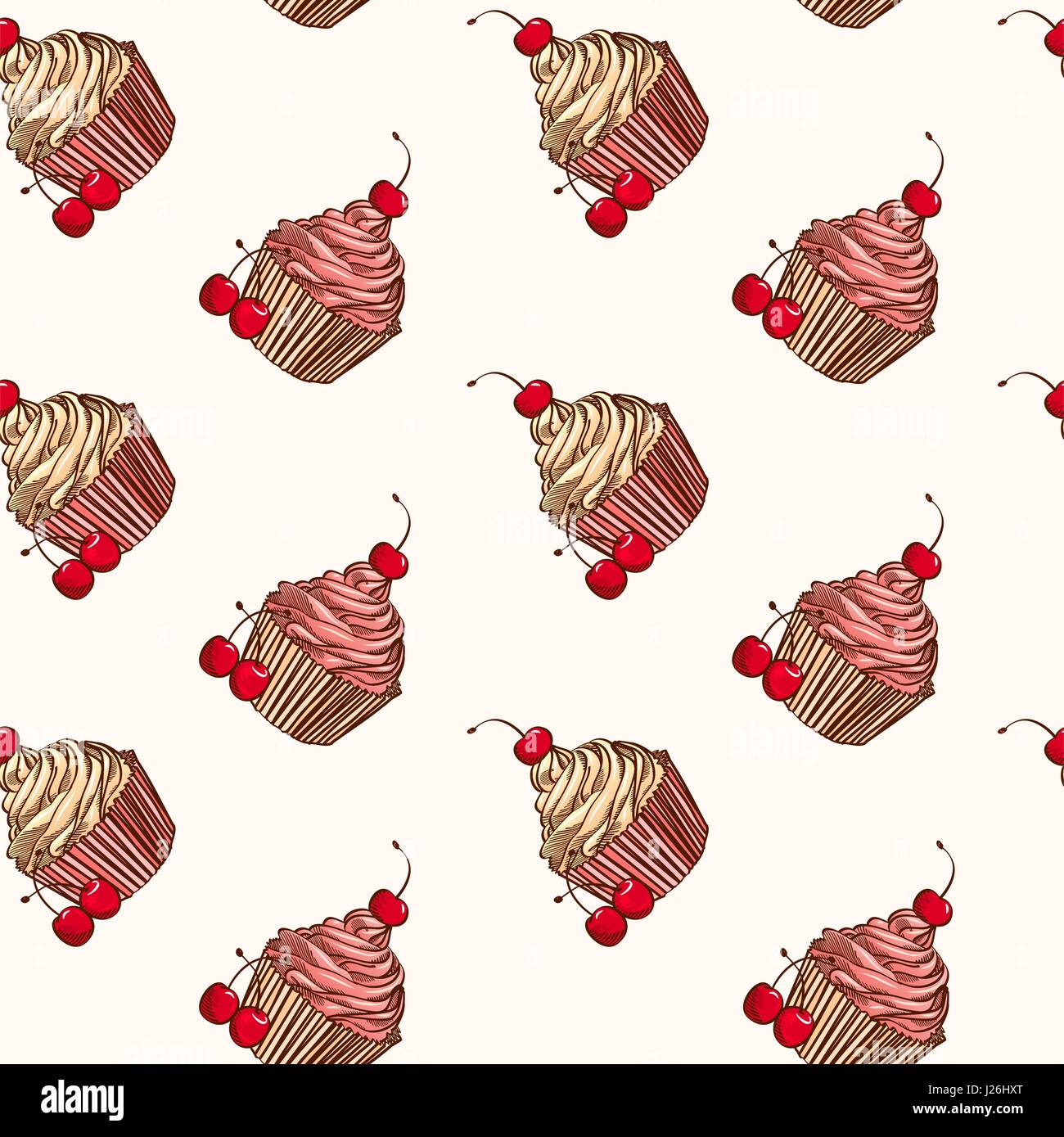 Fond transparent avec des petits gâteaux et de cerises à la main. Cute food contexte en style rétro. Illustration de Vecteur