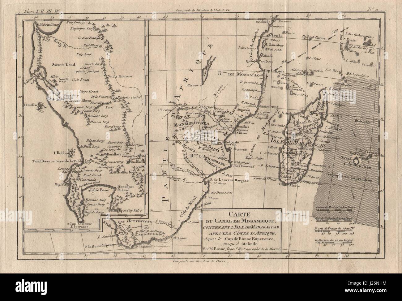 'Carte du Canal de Mosambique…'. Madagascar Bonne Esperance. BONNE CARTE 1780 Banque D'Images