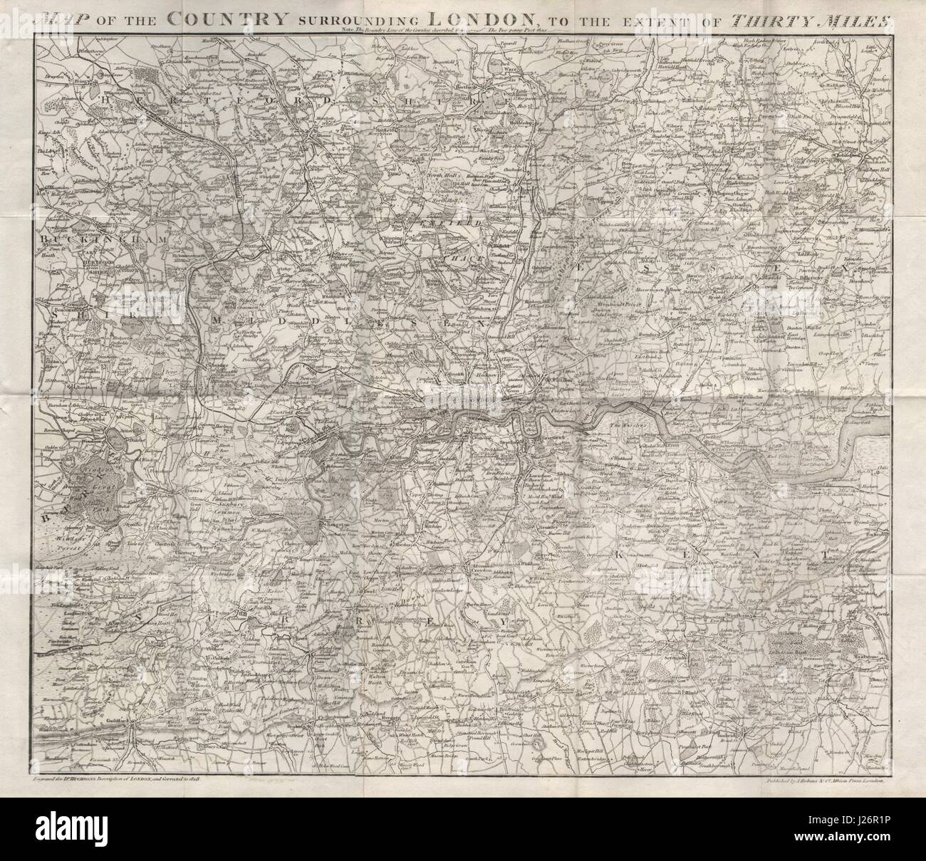Carte du pays autour de Londres à l'étendue de trente milles HUGHSON 1818 Banque D'Images