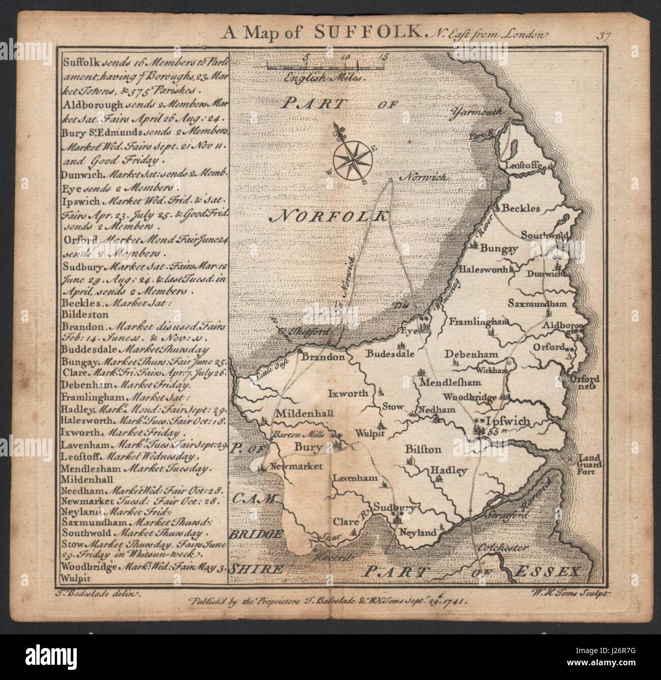 Carte du comté de Suffolk antique par Badeslade & TOMS 1742 tableau ancien Banque D'Images