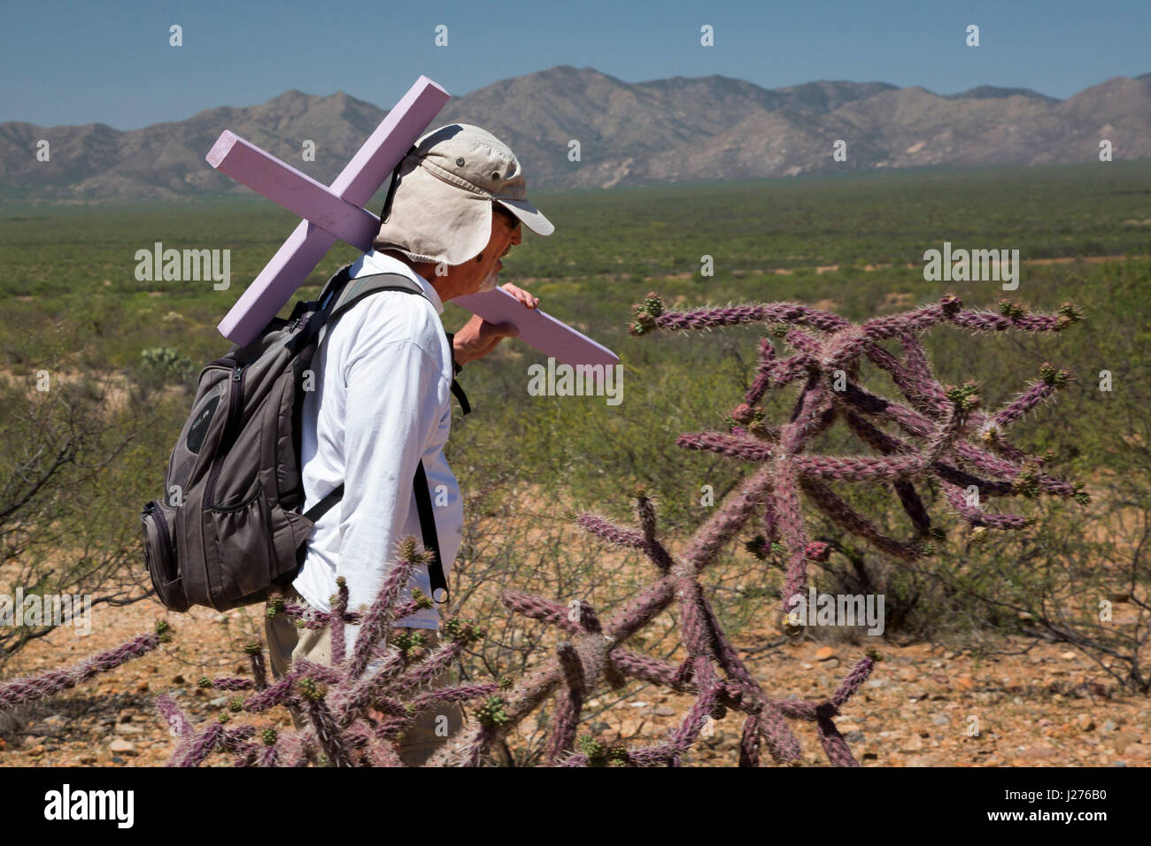 Tucson, Arizona - membres de la Tucson Samaritains place croix dans le désert des lieux où le reste des migrants n'a été trouvé. Des centaines de mig Banque D'Images