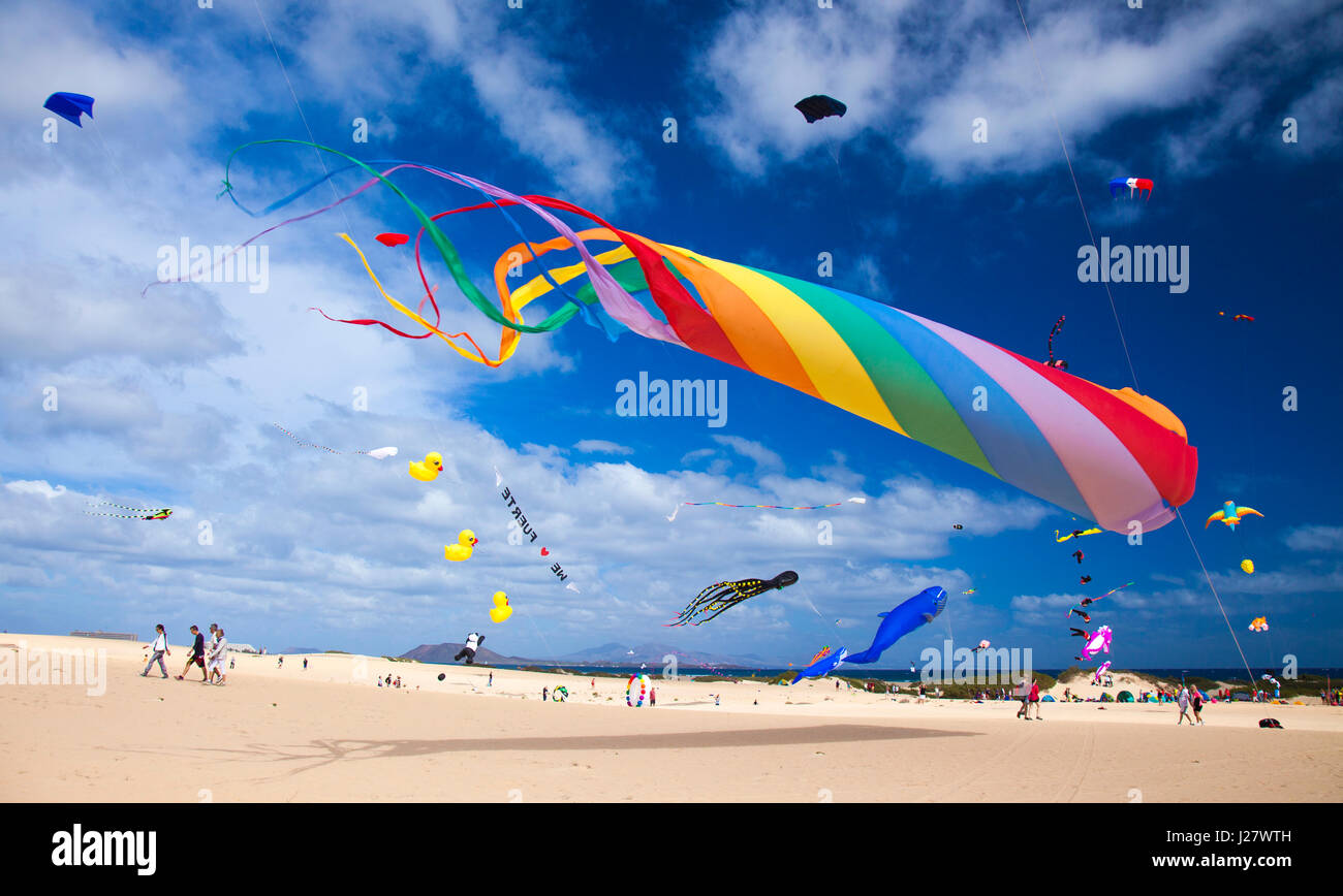 FUERTEVENTURA, ESPAGNE - 11 novembre : Les internautes regardent à partir de la terre comme de cerfs-volants colorés remplissent le ciel au 29e Festival International de Cerf-volant, 11 novembre 201 Banque D'Images