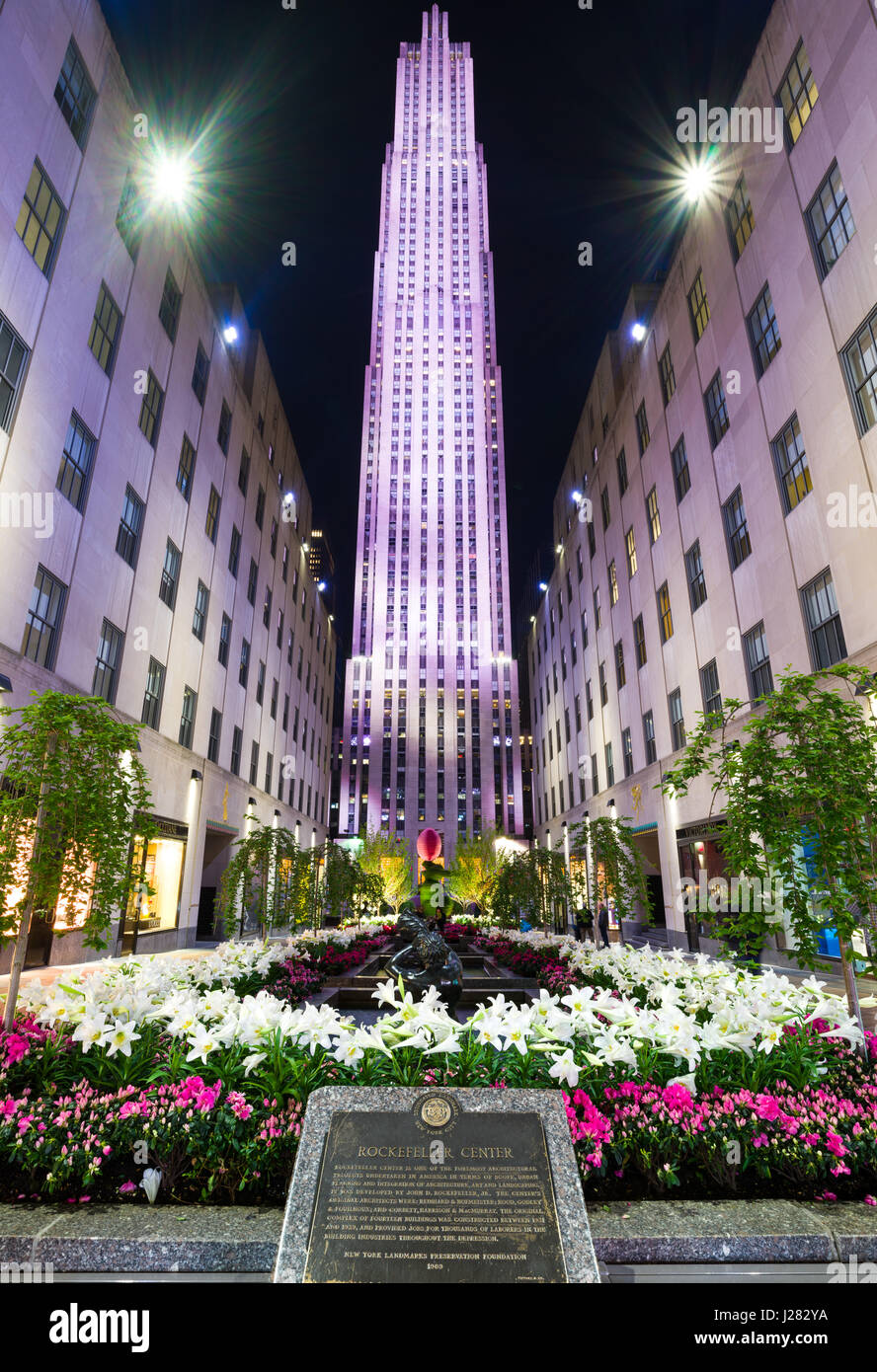 La Rockefeller Plaza jardin floral et étang éclairé la nuit, Manhattan, New York, USA Banque D'Images