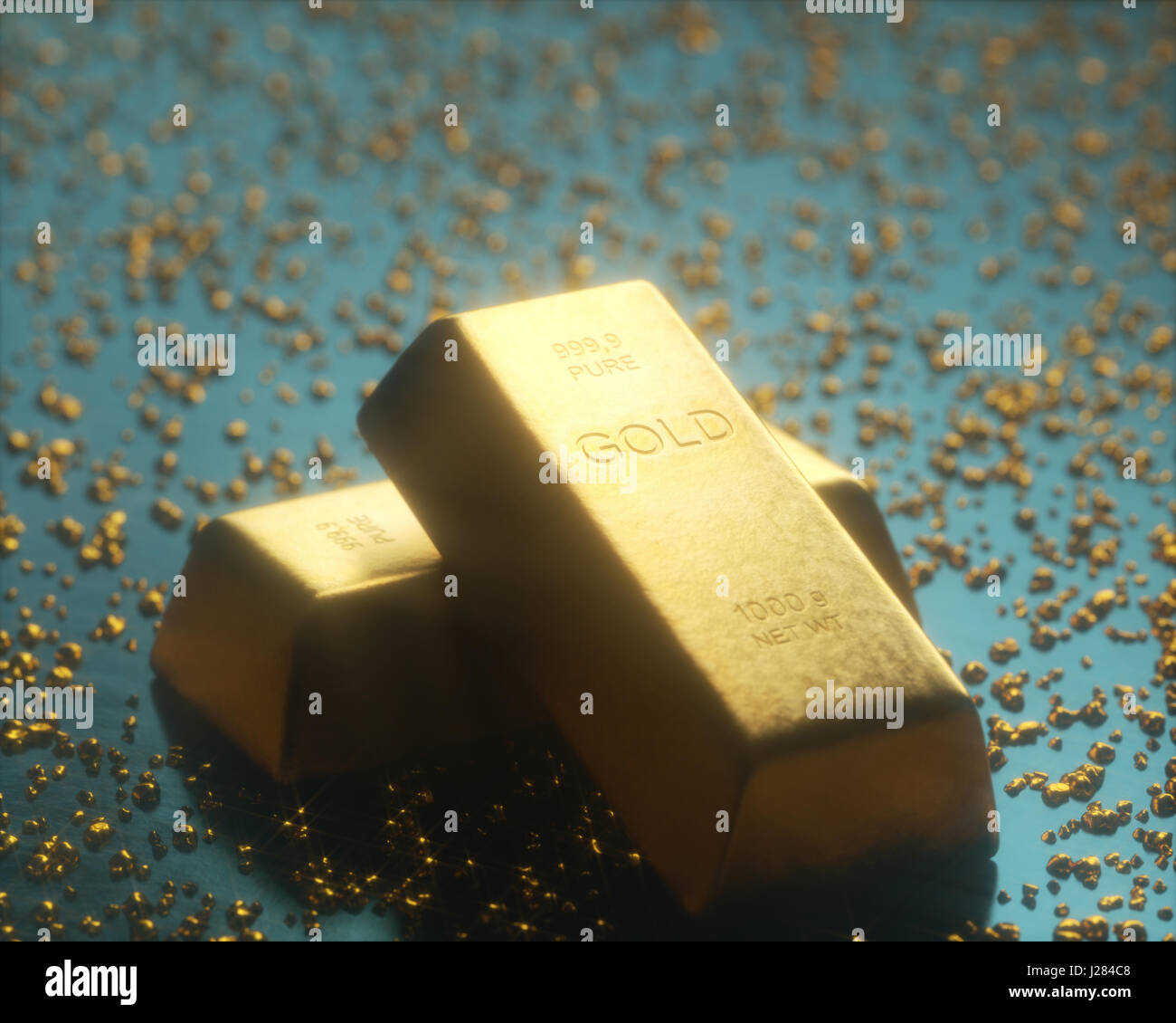 Bar 1000 grammes d'or, au milieu de pépites d'or. L'exploration et l'exploitation minière d'or concept. Banque D'Images
