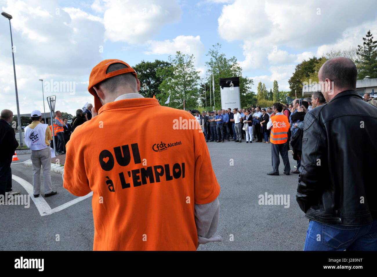France, Nord-ouest de la France, Nantes, Alcatel Lucent employés démontrent à l'avant de leur entreprise contre un projet de plan de restructuration de licenciements Banque D'Images