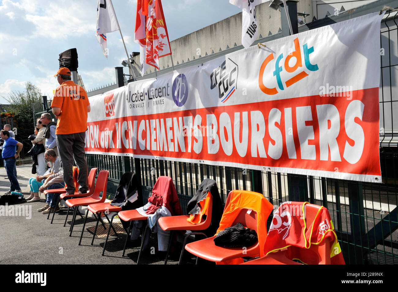 France, Nord-ouest de la France, Nantes, Alcatel Lucent employés démontrent à l'avant de leur entreprise contre un projet de plan de restructuration de licenciements Banque D'Images