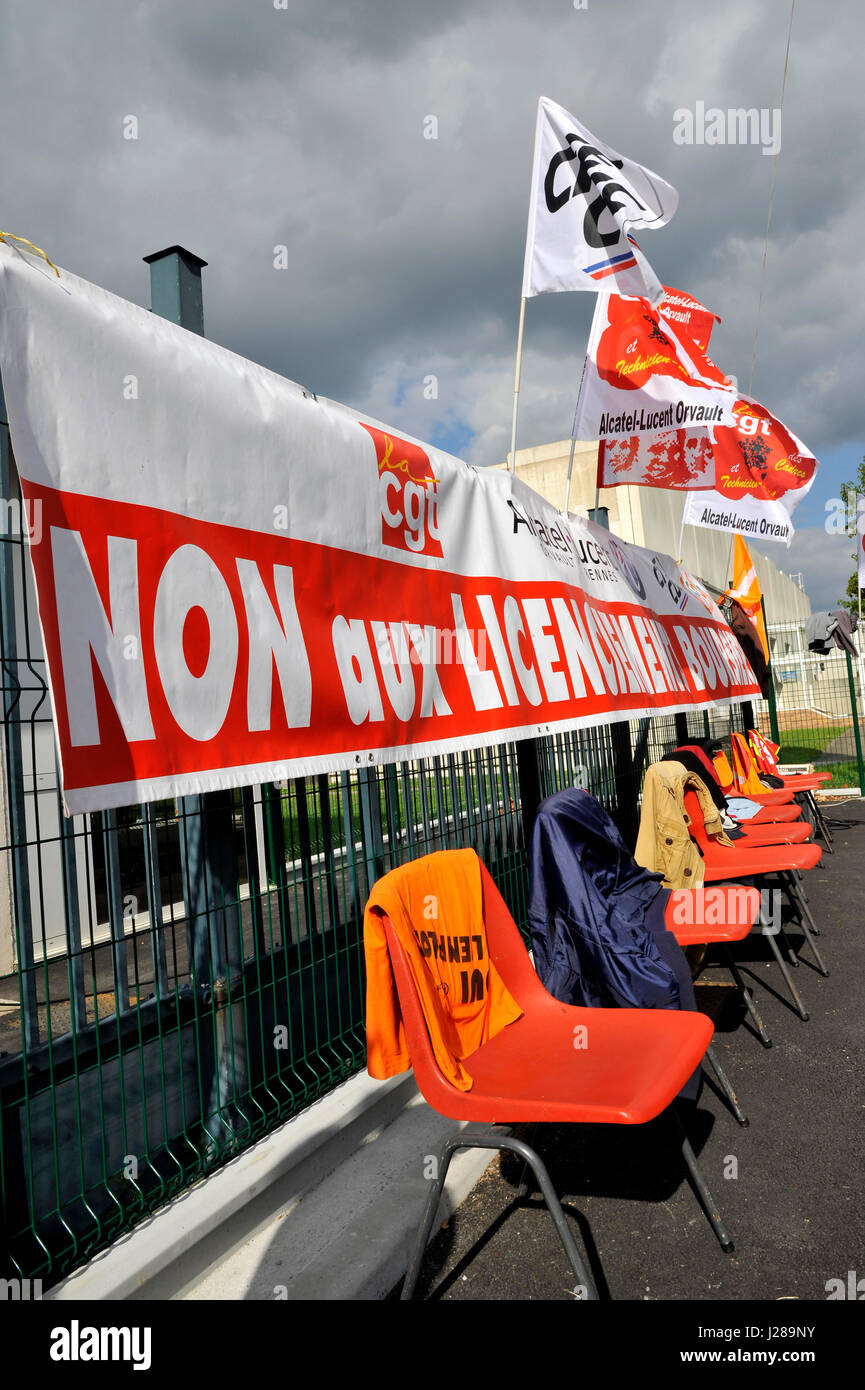 France, Nord-ouest de la France, Nantes, Alcatel Lucent employés démontrent à l'avant de leur entreprise contre un projet de plan de restructuration de licenciements Banque D'Images