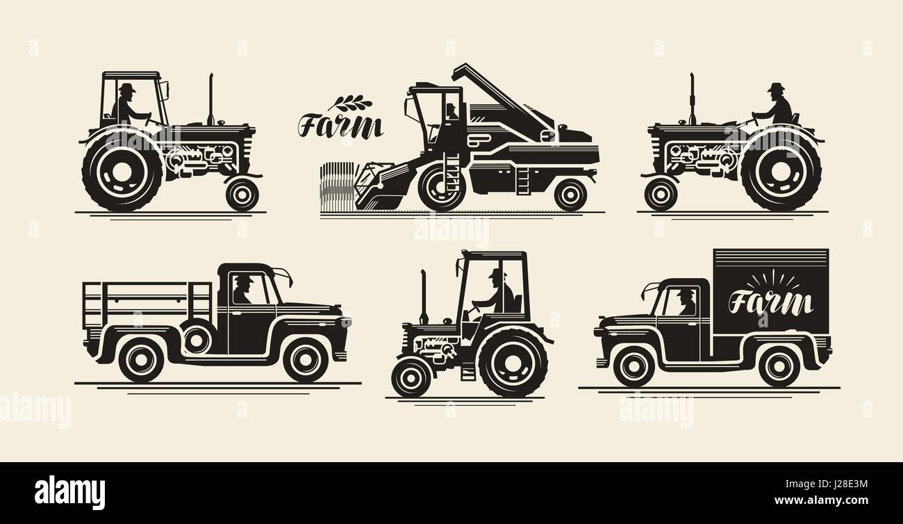 Farm icons set. L'industrie agricole, agriculteur, moissonneuse, tracteur, camion symbole. Vintage vector illustration Illustration de Vecteur