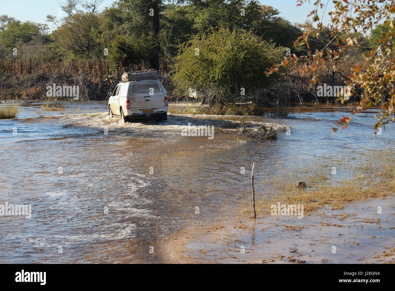 Le Botswana, safari, dur pour le delta de l'Okavango, passage de l'eau avec un véhicule de safari Banque D'Images