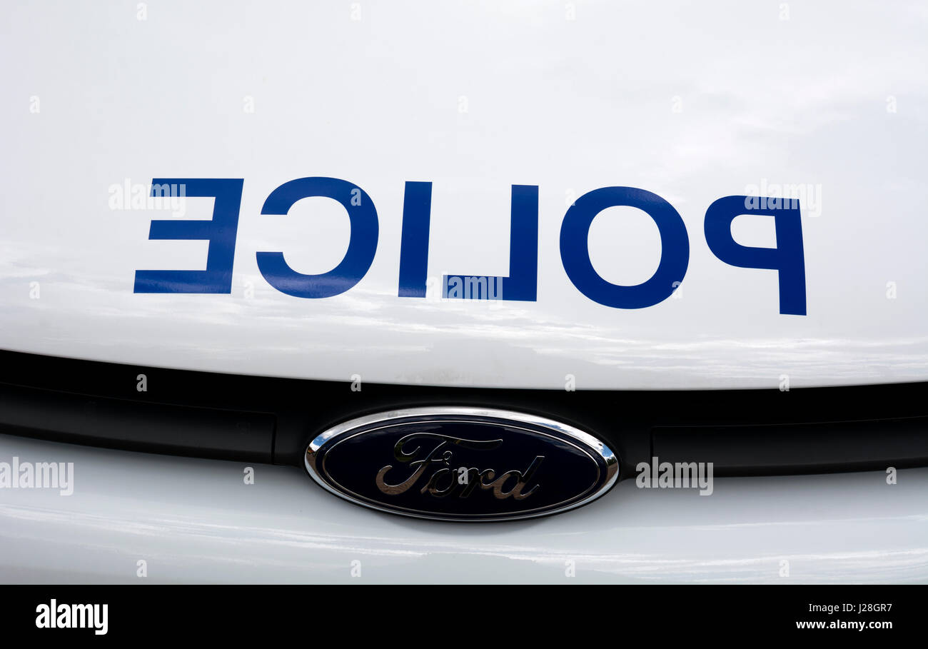 Mot inversée sur un véhicule de police, UK Banque D'Images