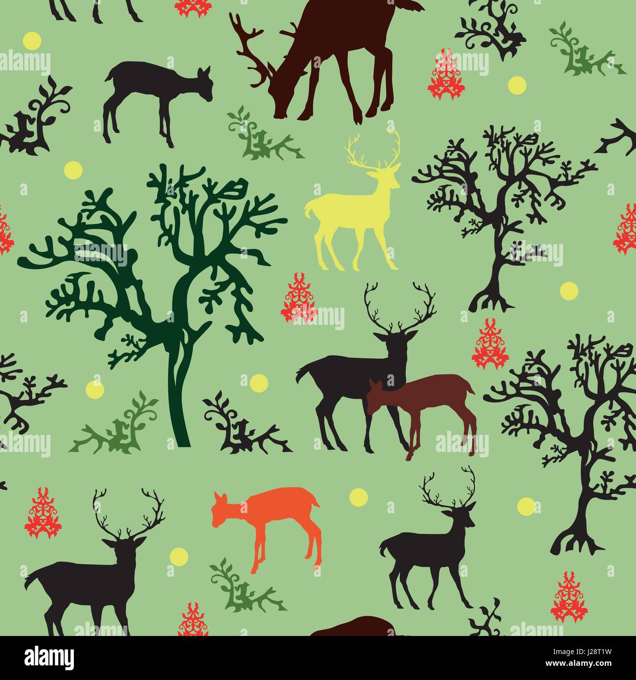 Modèle vectoriel continu avec forrest : noir, rouge, marron et jaune des daims et le noir, le vert des arbres sur fond vert Illustration de Vecteur