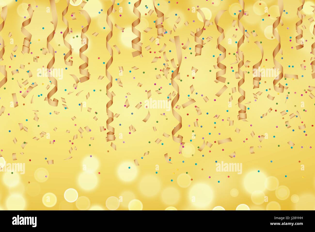 Ruban de papier d'or bouclés et confettis sur ballon d'affichage. Illustration vectorielle, parfait pour la nouvelle année ou de carte d'anniversaire. Illustration de Vecteur