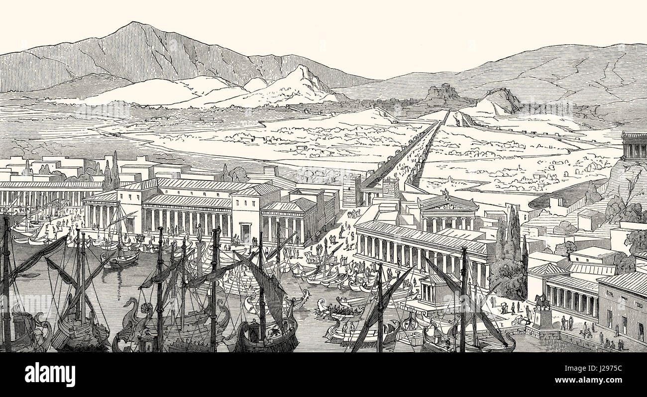 Reconstruction de le long mur reliant Athènes à son port du Pirée en Grèce antique Banque D'Images