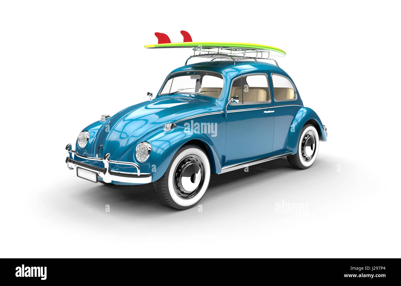 Vieille voiture bleue avec surf isolé sur fond blanc Banque D'Images