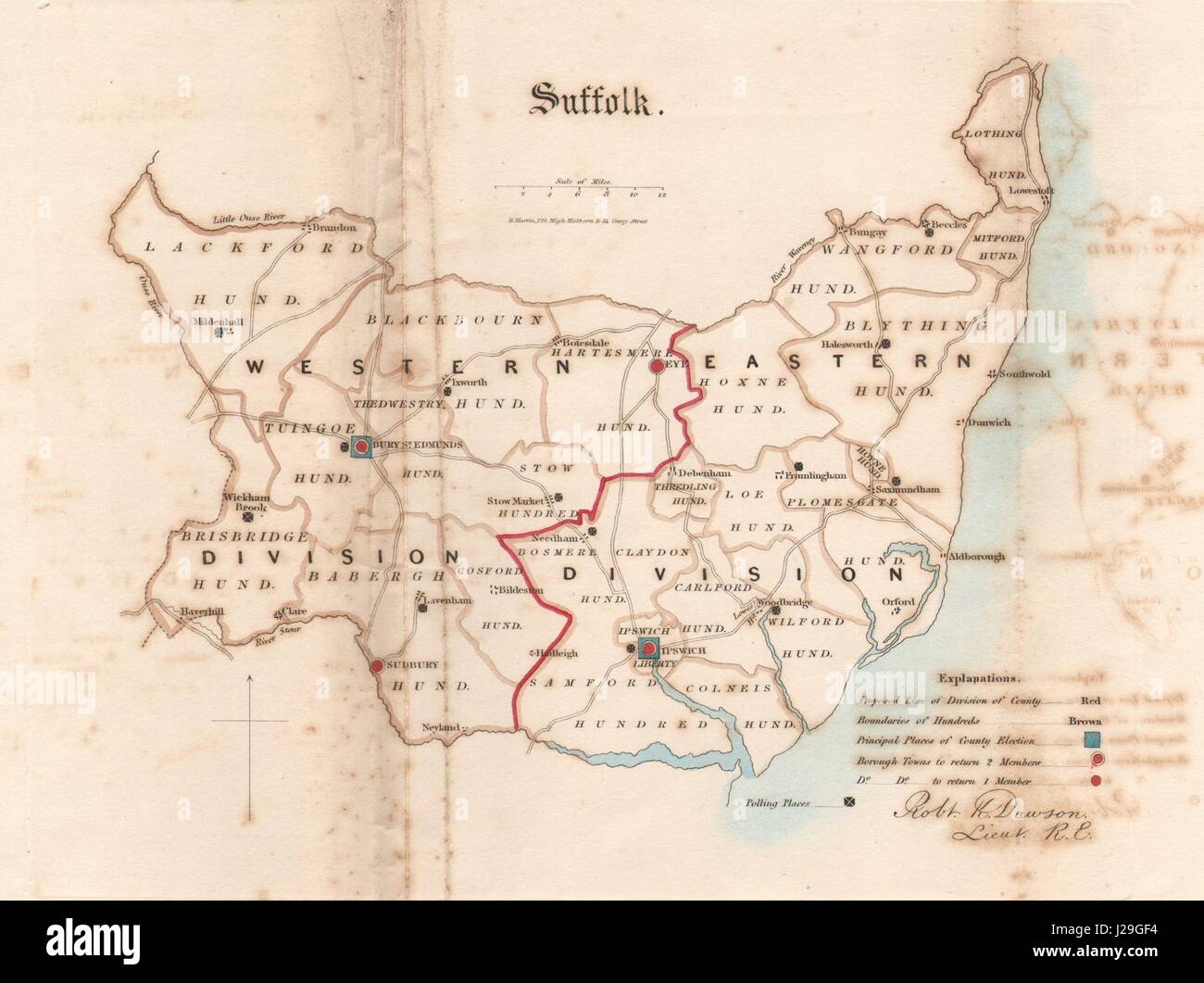 Carte du comté de Suffolk. Général des Divisions les quartiers. La LOI SUR LA RÉFORME. DAWSON 1832 Banque D'Images