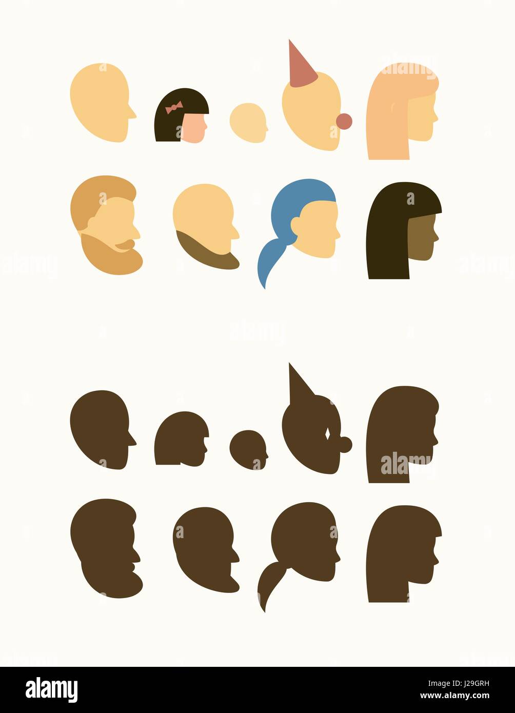 Set - silhouette de chef - les gens, l'osier et noir femme, homme, musulman, barbe et moustache, chauve, et découpez les coiffures, fille, garçon, clown, teen, bab Illustration de Vecteur