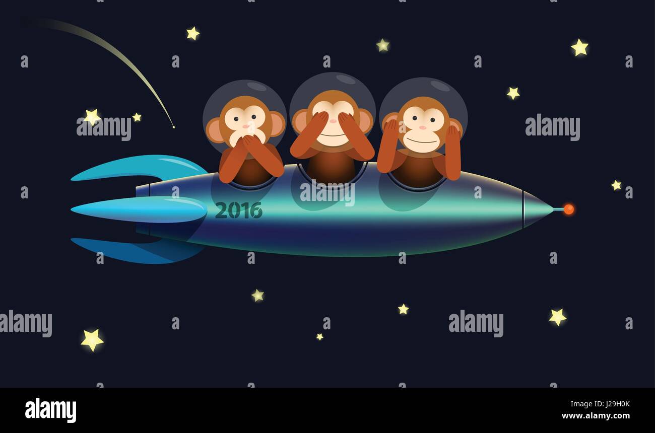 Pas de voir aucun ne parlent pas entendre trois singes sages sur le vaisseau rocket 2016 Bonne année carte de voeux Illustration de Vecteur
